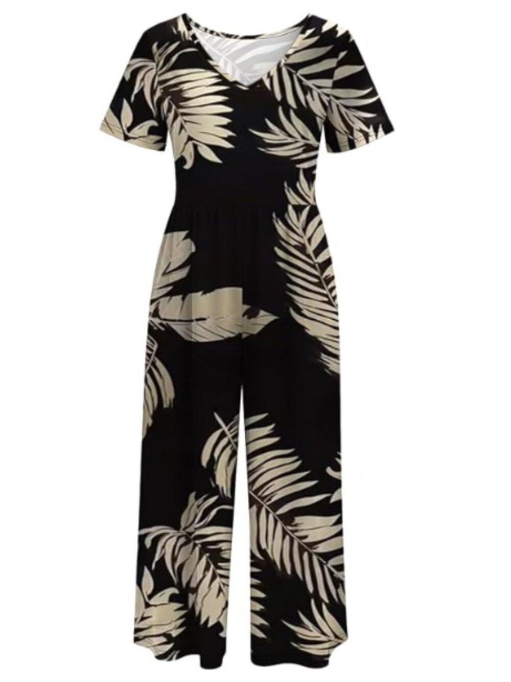 Tropical Palm Leaf Short Sleeve V Neck Elastic Waist Wide Leg Cropped Jumpsuit - Picture 2 of 7